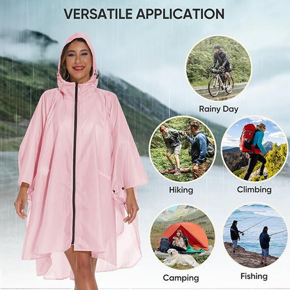 PTEROMY Hooded Rain Poncho for Adult with Pocket and Zipper, Waterproof Lightweight Raincoat for Men and Women