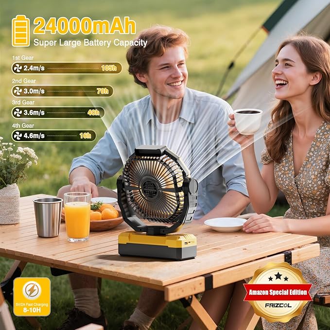 FRIZCOL 3-in-1 Camping Fan - Portable Fans Rechargeable - 24000mAh Battery Powered Fan(105Hrs) with Light & Remote for Indoor, Outdoor, Tent, Travel, Fishing, Jobsite, Gifts for Men Dad Him - Yellow