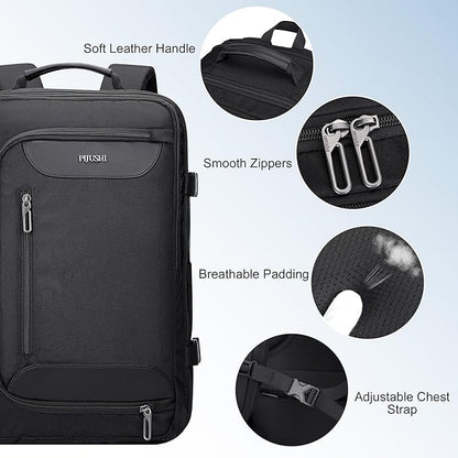 PIJUSHI Travel Backpack for Women Men Flight Approved Carry on Bag 16 inch Laptop Personal Item Daypack with Shoe Compartment(PE038 Black)