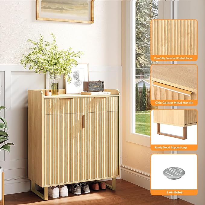 VINGLI Fluted Shoe Cabinet with Drawer and Doors, Wooden Entryway Shoe Storage Cabinet with Adjustable Shelves, Modern Tall Shoe Organizer with Gold Metal Legs for Hallway, Living Room, Bedroom, (Oak)