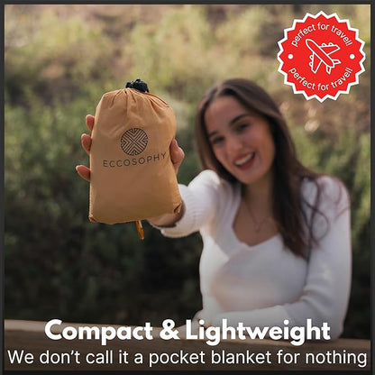 ECCOSOPHY Sand Proof Beach Blanket - Waterproof Picnic Blanket 60x55 Outdoor Compact Pocket Blanket Lightweight Ground Cover for Hiking Camping Festivals Sports Travel with Bag & Stakes (Caramel)