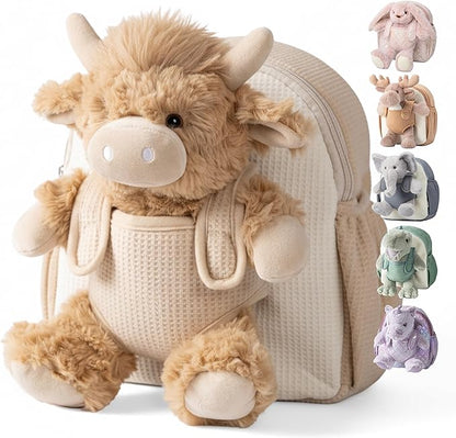 Moonkie Hug & Go Highland Cow Toddler Backpack – Soft Plush Bag with Take-Along Toy for Boys Aged 2–4 | Ideal for Daycare | Travel & Birthday Gifts for 3-Year-Old Kids