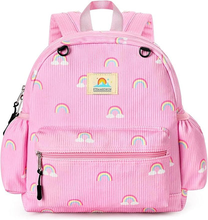 STEAMEDBUN Corduroy Toddler Backpack for Girls 2-4: Kids backpack for Girls - 12 inch Preschool Kindergarten Backpacks - Rainbow