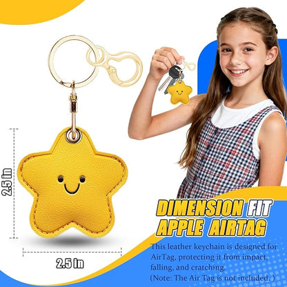 Leather Keychain for Airtag, Cute Protective Keychain Holder Compatible with Apple Air Tag,GPS Item Tracker Case Cover for Keys,Bags,Pets,Luggage(Star)