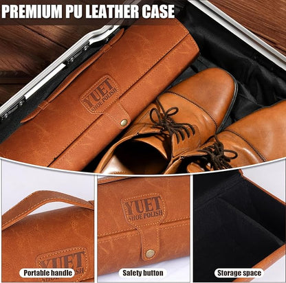 YUET 13PC Shoe Polish Care Kit Leather Boot Shine Set w/Travel Case, Brush, Cloth, Shoehorn, Brown Black Neutral Polish