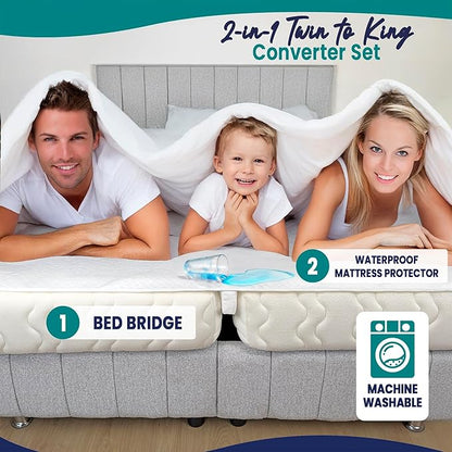 2-in-1 Bed Bridge Twin XL to King Converter with Waterproof Mattress Protector & Elastic Straps | Split King Gap Filler for Adjustable Bed | Non-Slip Bottom | 80"