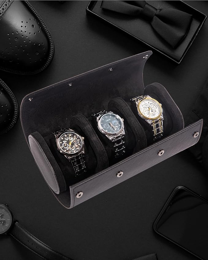 MR.OKAY 3 Watch Travel Case- Classic Leather Watch Case With Superb Texture.Portable Watch Roll Or Organizer For Storage And Display. Best Travel Gift for Men,All Handcrafted By Artisans.