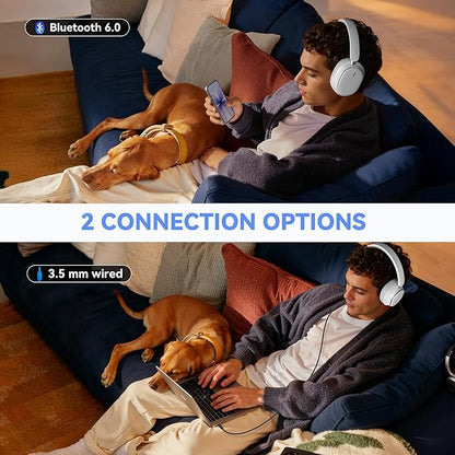 Hybrid Active Noise Cancelling Headphones, Over Ear Bluetooth 6.0 Wireless Headphones, 50H Playtime, Deep Bass, HiFi Stereo Sound, Lightweight Foldable for Travel, Home and Office（White）