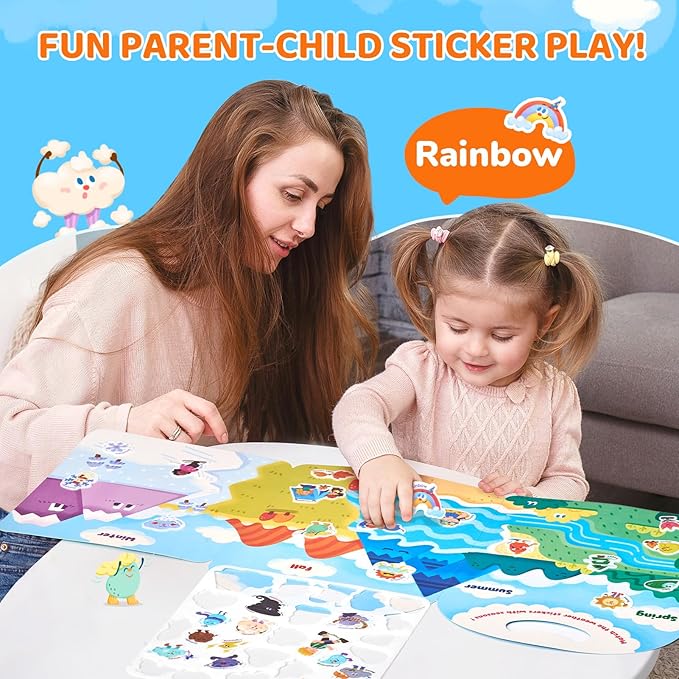 JoyCat Reusable Sticker Book - Jelly Stickers for Toddlers, Kids Sticker Activity Book, Travel Toys for Road Trip, Car & Airplane, Educational Learning Gifts for Boys and Girls Ages 3-5 (Weather)