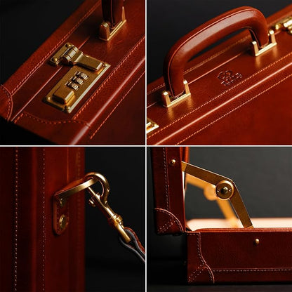 Time Resistance Leather Attache Case - Full Grain Italian Leather Briefcase - Laptop Bag up to 15” - Hard Case with Lock