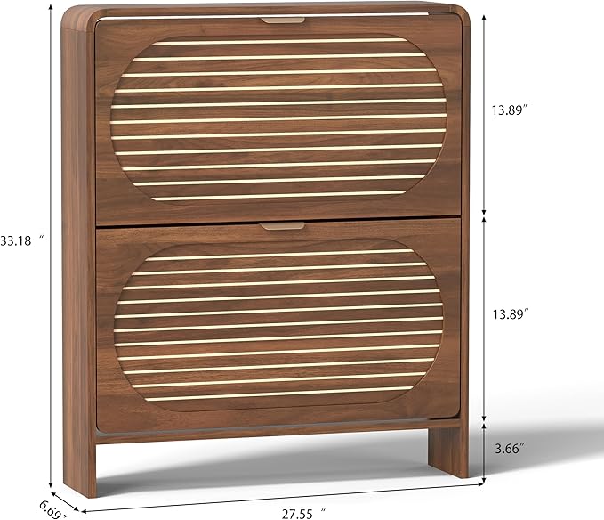 Wood Shoe Storage Cabinet with 2 Flip Drawer, Mid-Century Farmhouse Curved Corner Shoe Cabinet Arched Fluted Pattern, Hidden Narrow Shoe Organizer for Entryway, Living Room (Walnut, No-Divider)