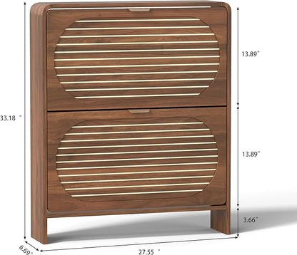 Wood Shoe Storage Cabinet with 2 Flip Drawer, Mid-Century Farmhouse Curved Corner Shoe Cabinet Arched Fluted Pattern, Hidden Narrow Shoe Organizer for Entryway, Living Room (Walnut, No-Divider)