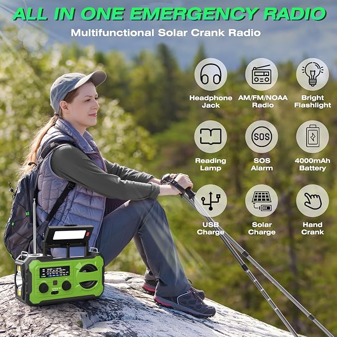 Emergency Weather Radio 37000mWh Solar Hank Crank Radio USB Charged with NOAA/AM/FM, Flashlight, Reading Light, SOS Alarm for Emergency Kit for Indoor Outdoor Power Outage Survival Essentials