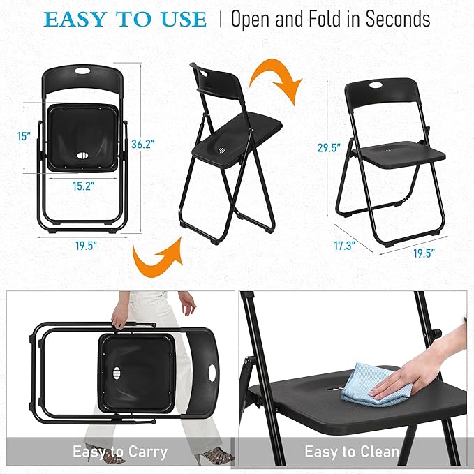 20 Pack Black Plastic Folding Chairs, Indoor Outdoor Portable Stackable Commercial Seats with Steel Frame for Home Office Wedding Party Events Kitchen Dining, 350lb Capacity