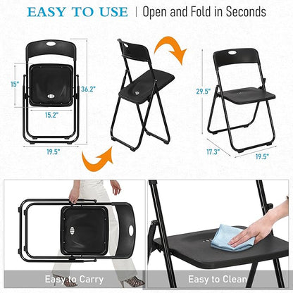 10 Pack Black Plastic Folding Chairs, Indoor Outdoor Portable Stackable Commercial Seats with Steel Frame for Home Office Wedding Party Events Kitchen Dining, 350lb Capacity