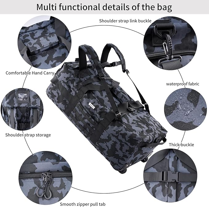 80L Waterproof Rolling Duffel Bag with Quick-Release Straps, Military Tactical Wheeled Foldable For Deployment Traveling Camping Sporting (Camouflage)
