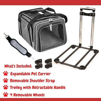 Airline Approved Expandable Premium Pet Carrier on Wheels- Two Sided Expandable Rolling Carrier- Designed for Dogs & Cats- Extra Spacious Soft Lined Carrier! (Grey)