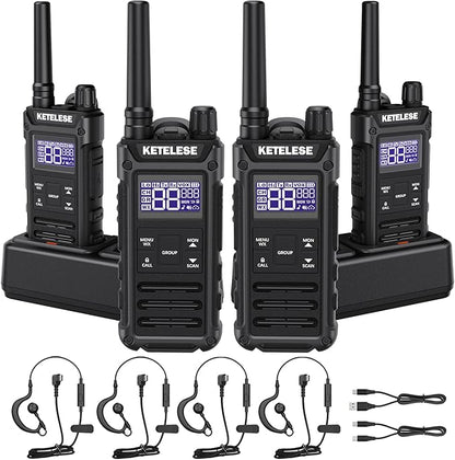 KETELESE T3G IP67 Waterproof Walkie Talkies Rechargeable, Heavy Duty 2 Way Radios with Earpiece and Mic, Dock, USB, NOAA Weather Alert, Group PTT (4 Pack), Black/Grey
