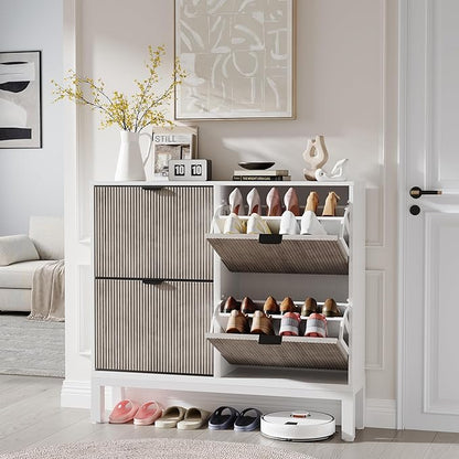 GAOMON Shoe Cabinet with 4 Flip Drawers, Entryway Cabinet with Adjustable Shelves, Accommodate 16 to 20 Pair of Shoes, Space-Saving Slim Shoe Cabinet for Entryway, Hallway, Front Door, White Grey