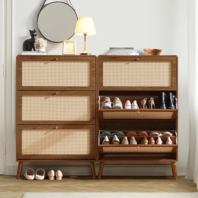 Rattan Shoe Cabinet with 3 Flip Drawers, 48 Pairs Narrow Shoe Storage Cabinet for Entryway Freestanding Hidden Shoe Rack, Modern Slim Wood Shoe Organizer for Hallway, Walnut