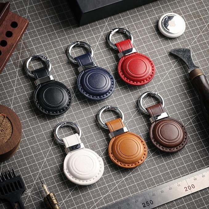 Genuine Leather Keychain Holder Compatible with AirTag - Secure Case Cover Key Ring Chain Fob Accessories Intended for Air Tag - Dark Brown (2 Pack)