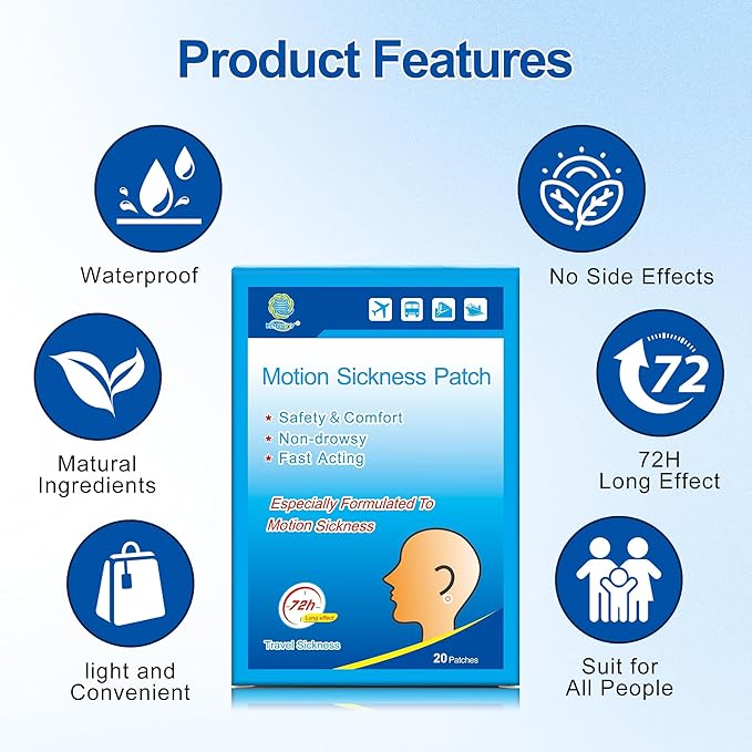 KONGDY 20 Counts Motion Sickness Patches for Cruise, Dizziness, Car Trips, Non Drowsy