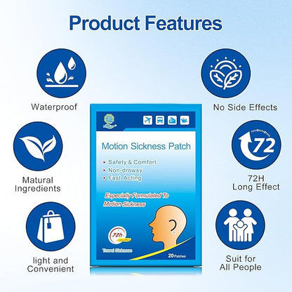 KONGDY 20 Counts Motion Sickness Patches for Cruise, Dizziness, Car Trips, Non Drowsy