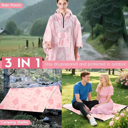 Bruvoalon 3-in-1 Rain Poncho with 1/4 Zip & Chest Pocket, Waterproof, Sunshade, Ground Mat for Adults & Youth Emergency