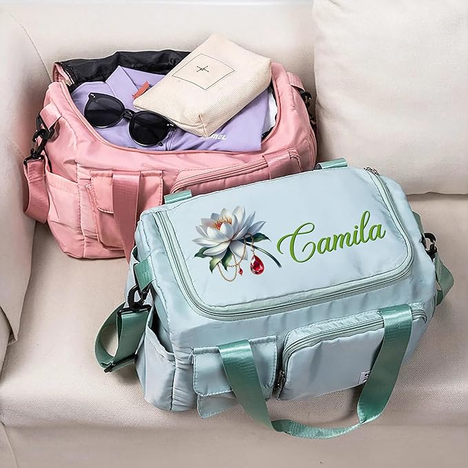 Personalized Gym Bag Waterproof Custom Name Gemstone Birth Flower Duffle Bag Travel Weekender Overnight Bags With Shoulder Strap Birthday Christmas Gifts For Women Cheerleaders