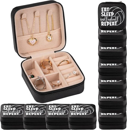 12 Packs Volleyball Mini Travel Jewelry Case Organizer Black Square Volleyball Stuff Small Portable PU Leather Jewelry Box Storage for Sports Club Birthday Christmas Goodie Favors Gifts
