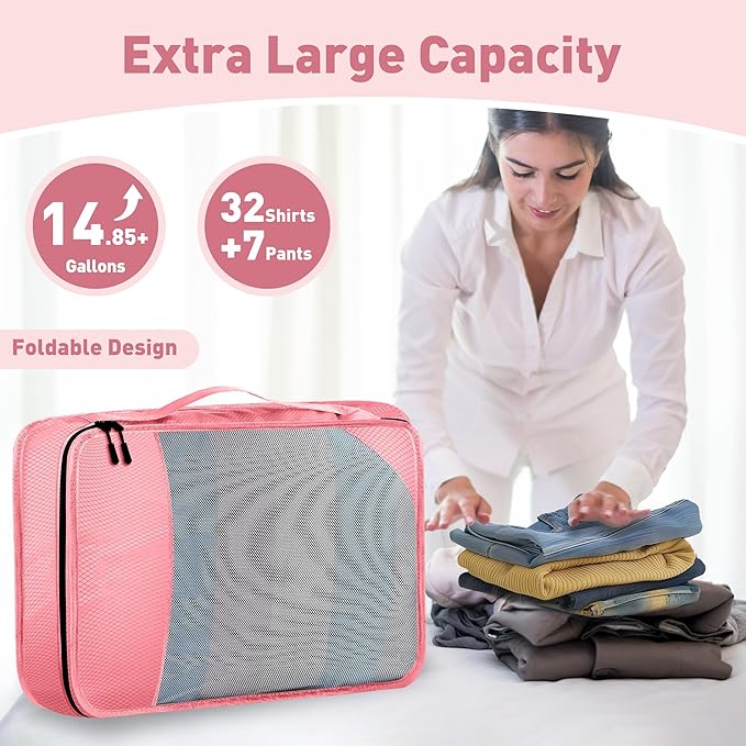 Packing Cubes for Travel, 8-Piece Mesh Holographic Stripe Mesh Luggage Organizers with Shoe Bag, Toiletry Bag, Laundry Pouches, 4-Sizes set for Suitcase Organization, Men Women Kids, Pink