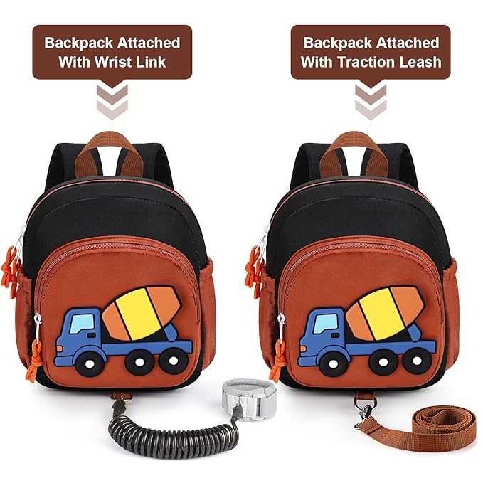 Accmor Toddler Leash Backpack, Child Safety Backpack with Anti Lost Wrist Link, Mini Kids Travel Essential Mini Rucksack Walking Harness, Cute Concrete Truck Bag Children's Leash Strap for Baby Boys
