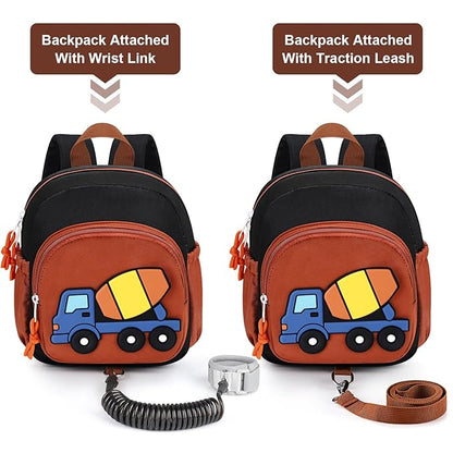 Accmor Toddler Leash Backpack, Child Safety Backpack with Anti Lost Wrist Link, Mini Kids Travel Essential Mini Rucksack Walking Harness, Cute Concrete Truck Bag Children's Leash Strap for Baby Boys