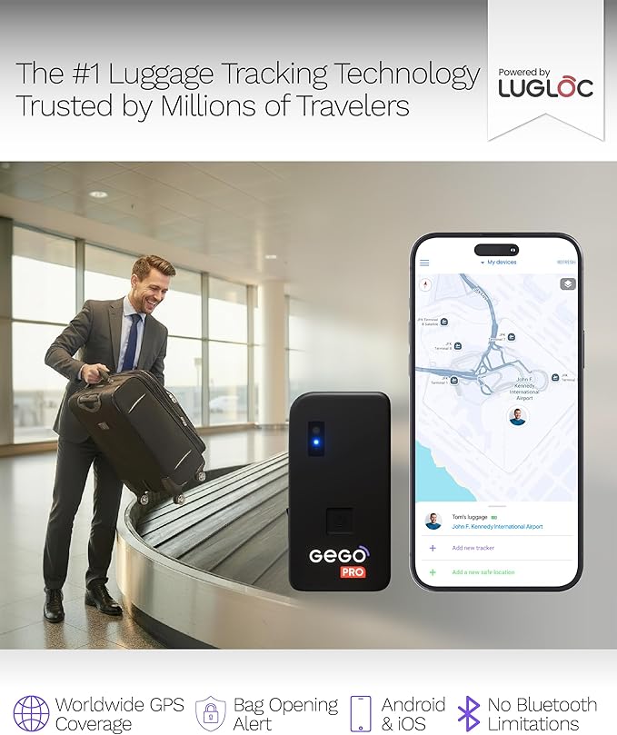 GEGO PRO – GPS Luggage Tracker Designed for Travel, Real-Time Global Tracking for Bags & Gear, Bag-Opening Alert, Worldwide Coverage, 4G LTE Connectivity, No BT Limits (Subscription Required)