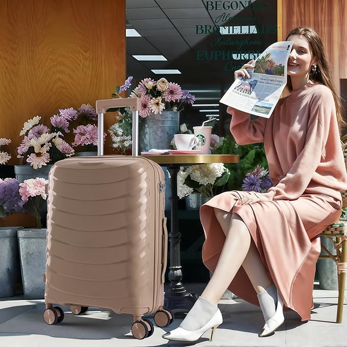 LARVENDER Luggage Sets 3 Piece, Hardside PP Carry On Luggage Suitcase with 360° Spinner Wheels Suitcase Sets for Women Men, Champagne