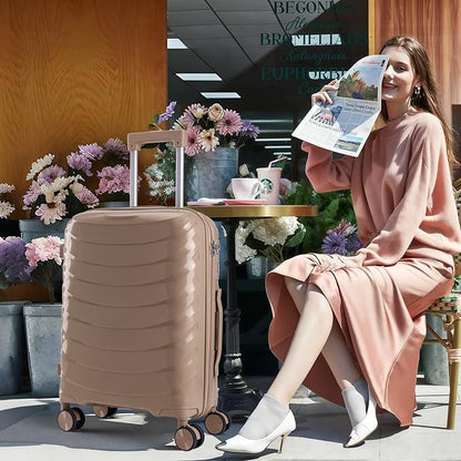 LARVENDER Luggage Sets 3 Piece, Hardside PP Carry On Luggage Suitcase with 360° Spinner Wheels Suitcase Sets for Women Men, Champagne