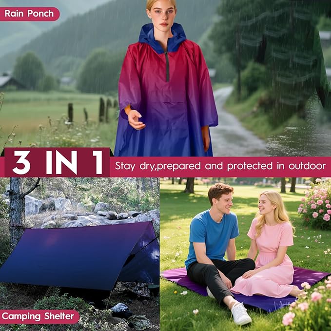 Bruvoalon 3-in-1 Rain Poncho with 1/4 Zip & Chest Pocket, Waterproof, Sunshade, Ground Mat for Adults & Youth Emergency