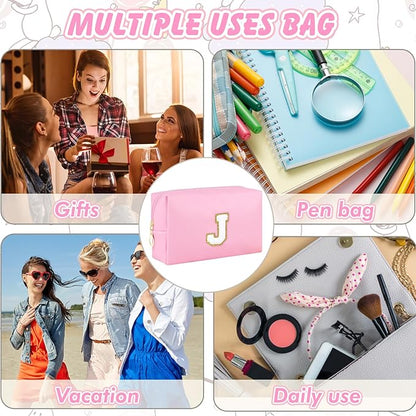 Gifts for Teacher Initial Makeup Bag Personalized Cosmetic Bag Cute Travel Toiletry Bag Small Chenille Letter PU Makeup Pouch Organizer Preppy Birthday Gift for Daughter Teen Girls (Pink J)