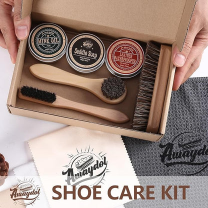 10 PCS Leather Care Kit - Horsehair Brushes,Saddle Soap,Waterproofing Wax,Mink Oil Conditioner,Polishing Cloth,Microfiber cloth,Boot Shoe Shine Cleaning Kit Gift for Men Cowboy Husband Dad ﻿
