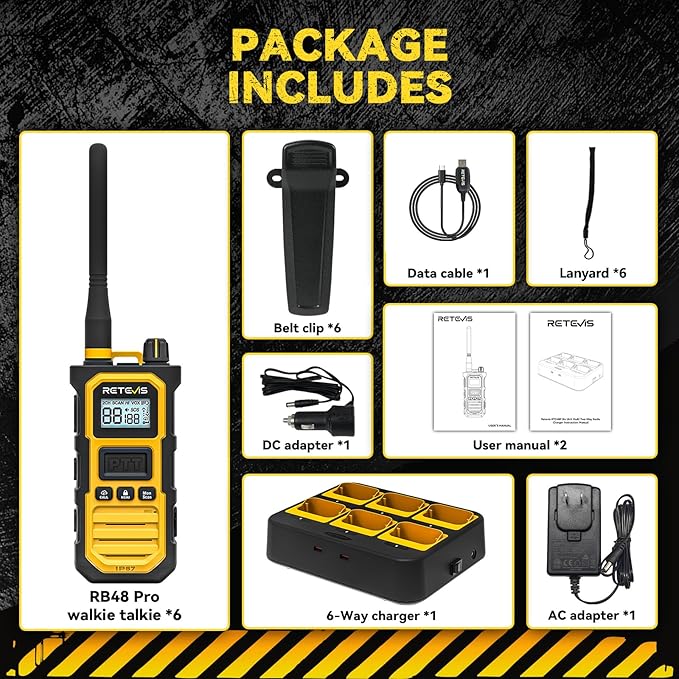 Retevis RB48 Pro Walkie Talkies Long Range, High Power, Heavy Duty Rechargeable Two Way Radios, 2800mAh, IP67, Upgrade Noise Reduction, Group Call for Construction (6 Pack with Gang Charger)