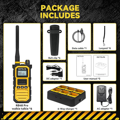 Retevis RB48 Pro Walkie Talkies Long Range, High Power, Heavy Duty Rechargeable Two Way Radios, 2800mAh, IP67, Upgrade Noise Reduction, Group Call for Construction (6 Pack with Gang Charger)