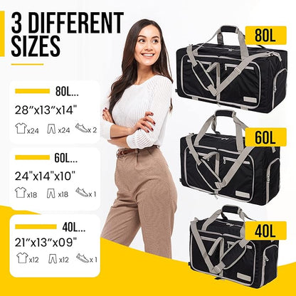 LEGEND 60L Foldable Duffle Bag for Travel - Packable Duffle Bags w/Shoe Compartment - Tear Resistant Collapsible Duffel Bags for Traveling - Lightweight Folding Duffel Bag for Men & Women -Black