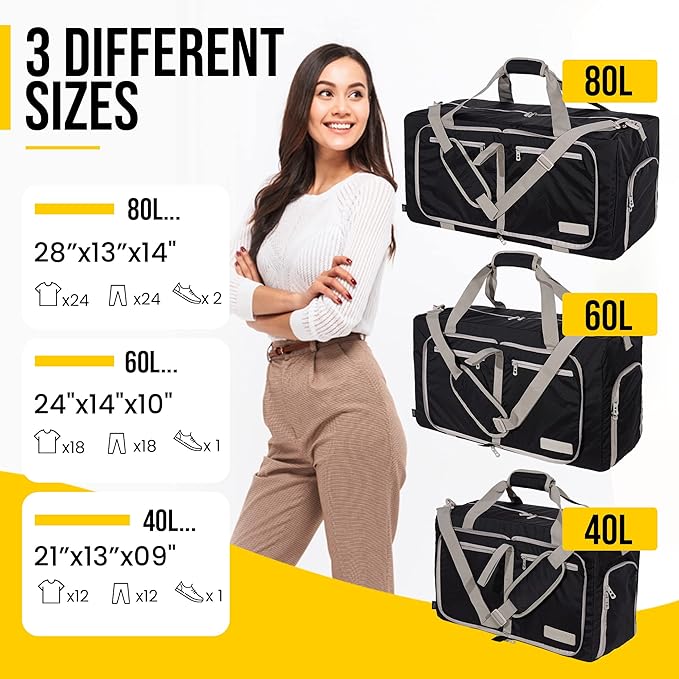 LEGEND 80L Foldable Duffle Bag for Travel - Packable Duffle Bags w/Shoe Compartment - Tear Resistant Collapsible Duffel Bags for Traveling - Lightweight Folding Duffel Bag for Men & Women -Black