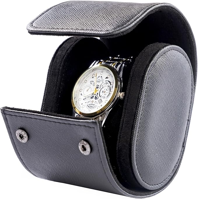 MR.OKAY Single Watch Travel Case-Classic Leather Watch Case With Superb Texture.Portable Watch Roll Or Organizer For Storage And Display. Best Travel Gift for Men,All Handcrafted By Artisans.