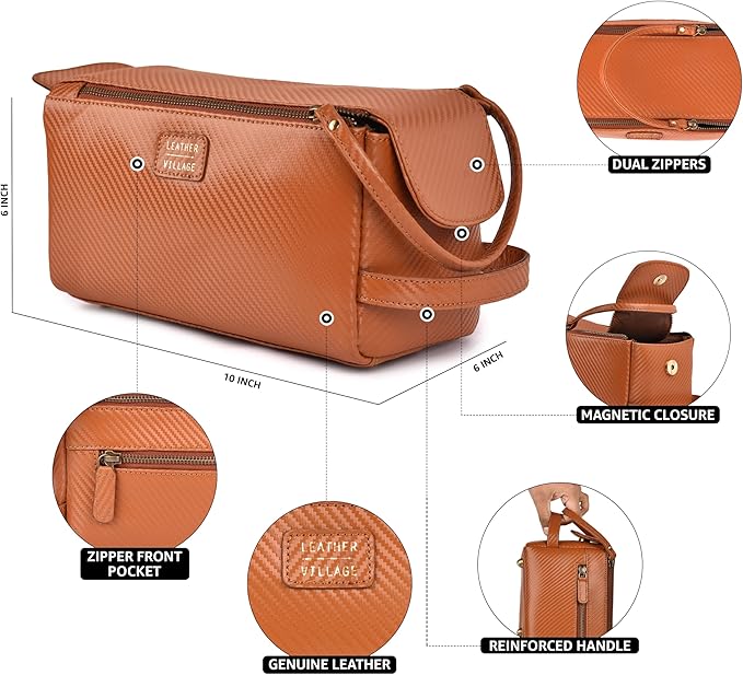 LEATHER VILLAGE Premium Carbon Fiber Genuine Leather Travel Toiletry Bag - Large Dopp Kit, Water-Resistance Bathroom Kit & Shaving Organizer for Men & Women - Tan