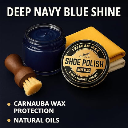 Eagle Shoe Shine Kit Navy Blue – 5-Piece Leather Shoe Polish & Cream Set with Brush & Cloths | Beeswax Waterproof Polish + Carnauba Wax Shoe Cream | Restore, Shine & Protect Dress Shoes & Boots