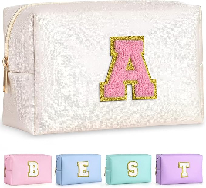 TOPEAST Christmas Gifts for Women Teen Girls - Stocking Stuffers for Teen Girls Gifts Trendy Stuff, Travel Makeup Bag, Initial Cosmetic Bag Toiletry Pouch (White A)