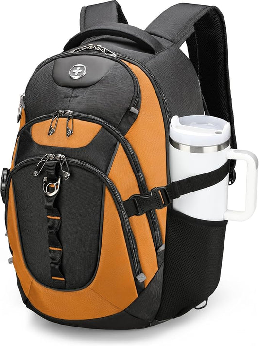 Swissdigital Design Laptop Backpack with USB Charging Port, Travel Backpack Fits 15.6 inches Computer, 31L College School Backpack for Men, Orange/Black | SD803-66