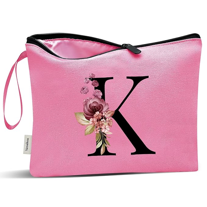 Vavabox A-Z Personalized Makeup Bag, Birthday Gifts for Women Mom, Gifts for Best Friend, Bride Bridesmaid Cosmetic bag (K, Peach)