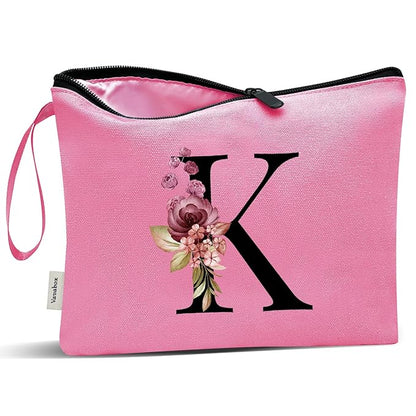 Vavabox A-Z Personalized Makeup Bag, Birthday Gifts for Women Mom, Gifts for Best Friend, Bride Bridesmaid Cosmetic bag (K, Peach)